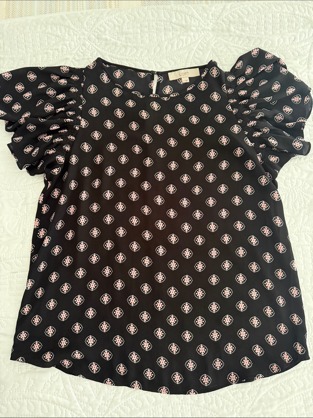 LOFT Navy Blouse with Pink Dot Medallion Print and Ruffled Puff Sleeves